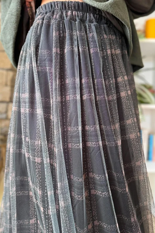 Enid Plaid Tulle Midi Skirt Khaki